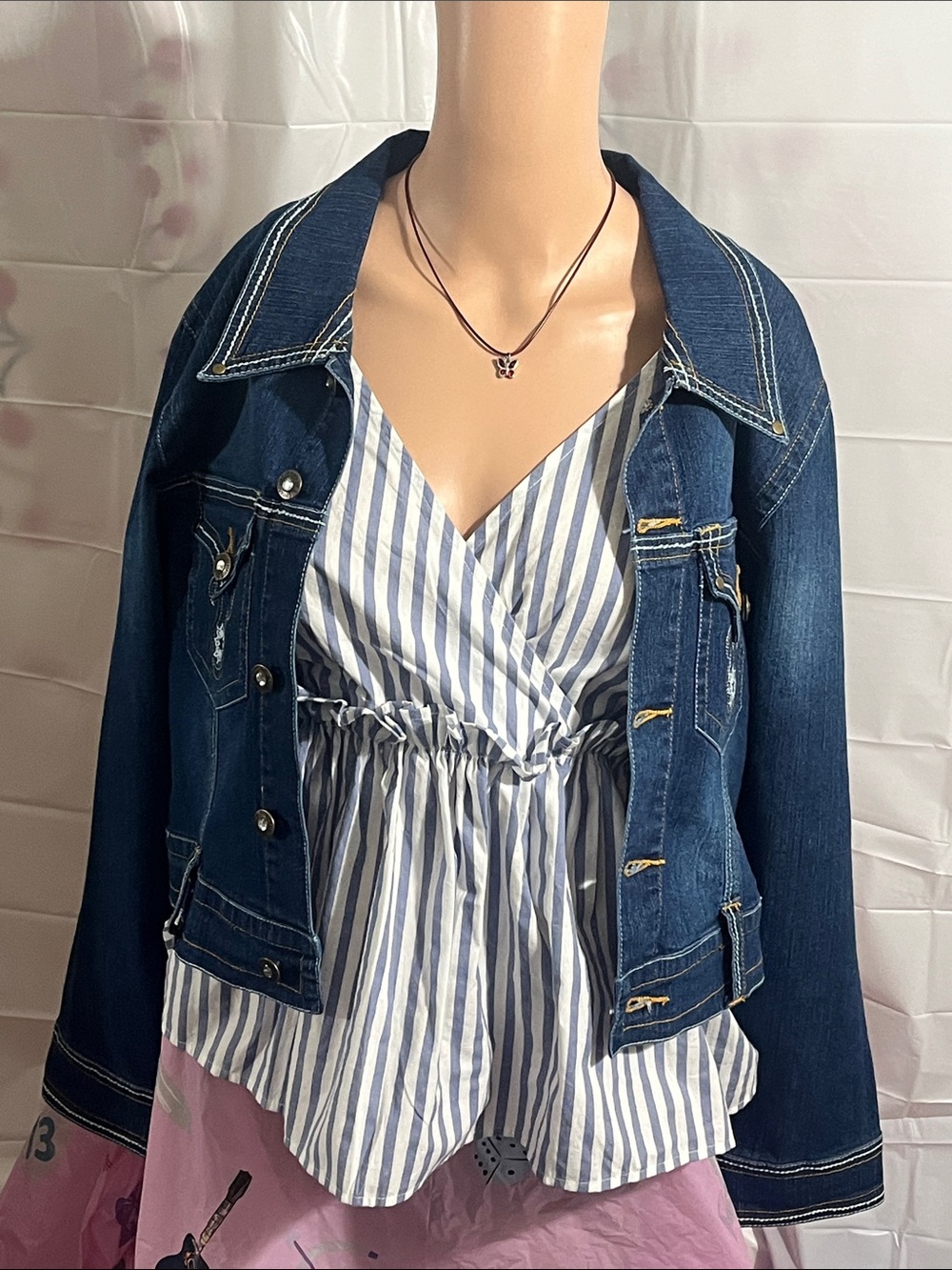 Indulgence Dark Blue Denim Jacket with Gold-Tone Logo Button - Picture 3 of 15